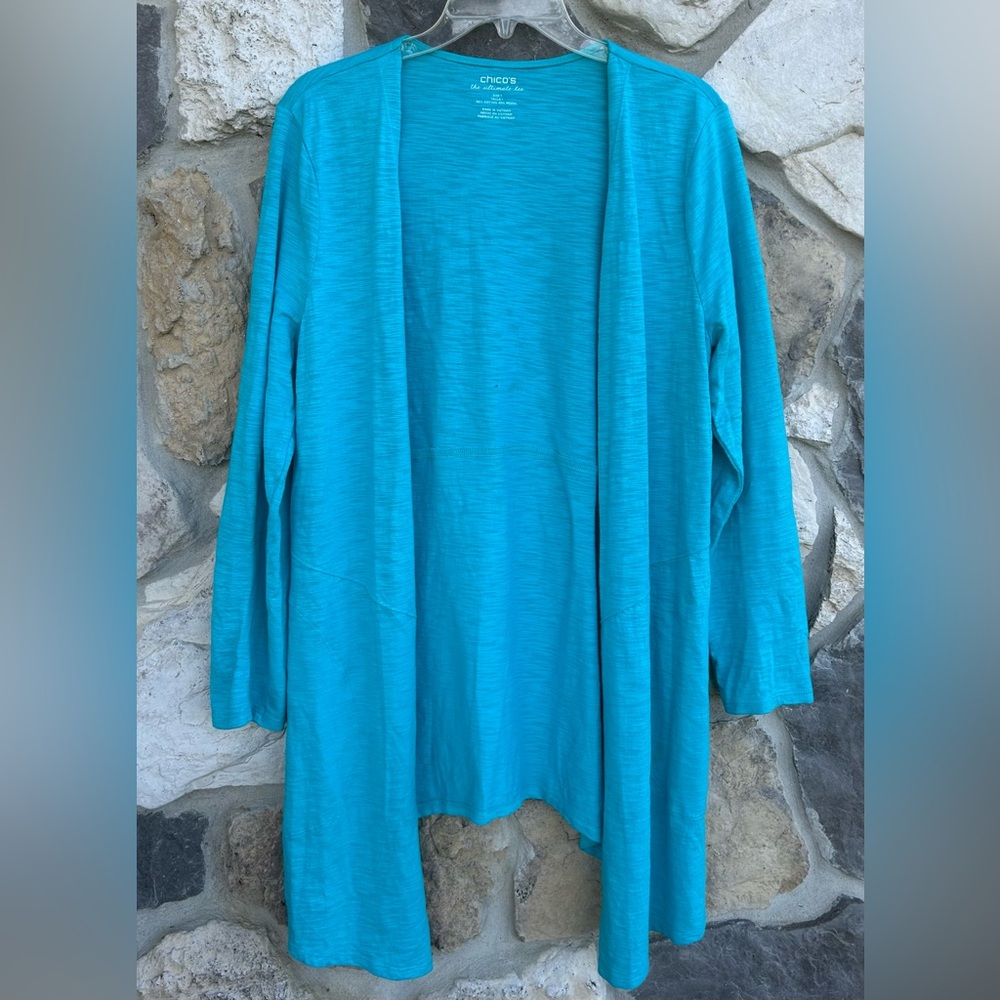 Chicos Lightweight Cardigan Size 1 (M) Blue Slub Cotton Longline Spring Layer
